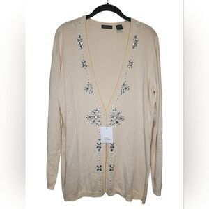 MODA INTERNATIONAL Cream Silk Cashmere Gem Embellished Cardigan L